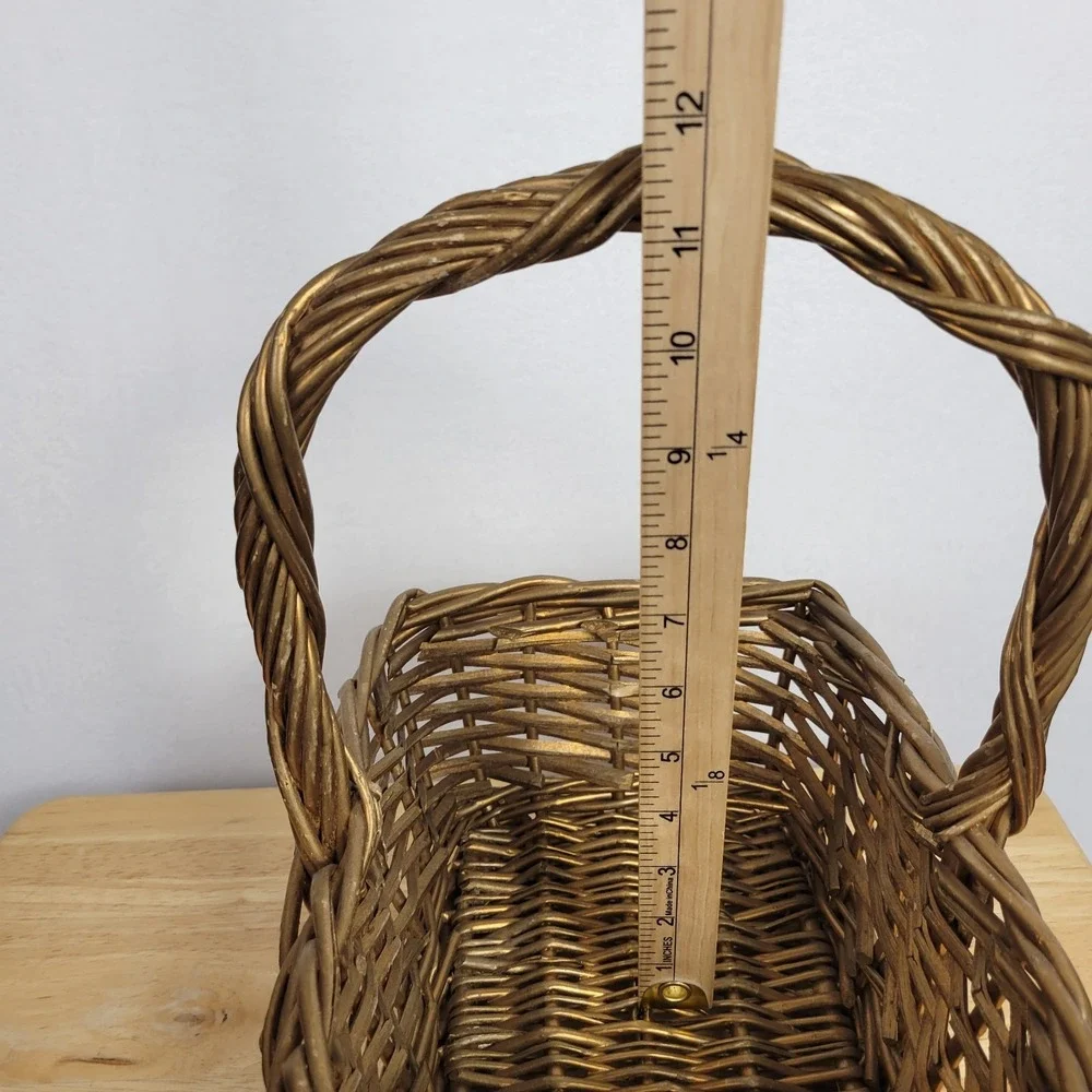 Gold Painted Wicker Flower Basket Vintage Gathering Woven Basket With Handle